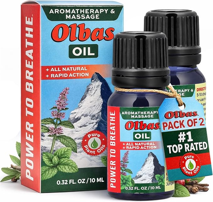 Olbas Massage and Aromatherapy Inhalant Oil Pack of 2 (0.32 Fl Oz), Body Massage Oil, Swiss Herbal Remedies with Pure Essential Massage Oils for Muscle Relaxing and Soothing Comfort for Pain Relief