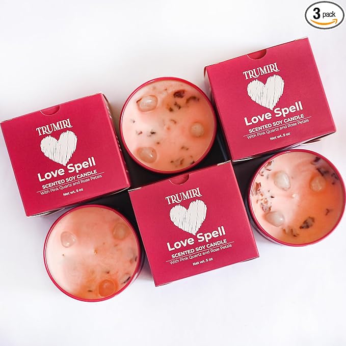 Love Spell - Scented Candles for Women & Men with Rose Petals and Crystals - Pack of 3 x 5oz Soy Clean Organic Non Toxic - Velas Aromáticas - Aromatherapy Spa Valentines Gift Candel