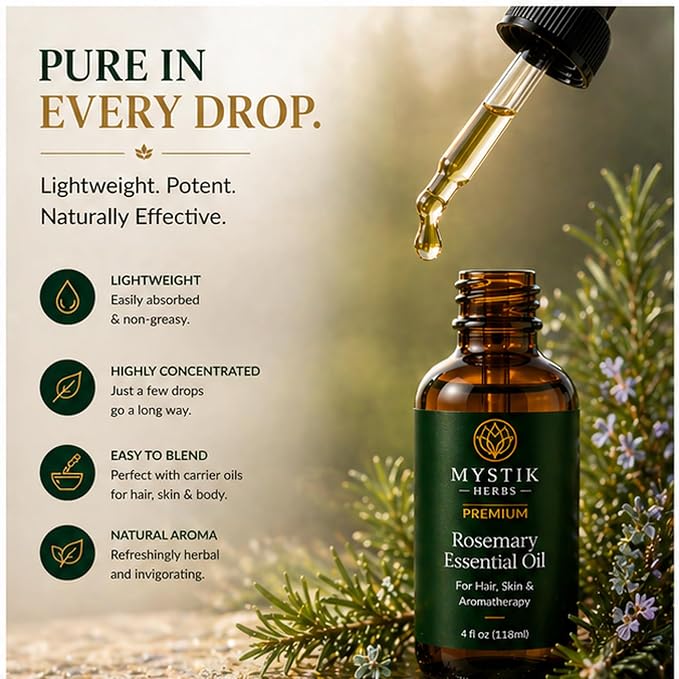 Premium Rosemary Essential Oil for Hair & Scalp, 100% Pure Undiluted Rosemary Oil for Hair Care, Skin & Aromatherapy, 4 fl oz (118ml)