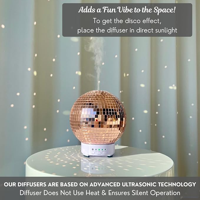 SCANDINORDICA Disco Ball Diffuser - Original Rotating Disco Essential Oil Diffuser with Whisper Quiet Operation, 14 Color Night Light & 4Time Settings | Cute Eclectic Decor for Medium Room Rose Gold