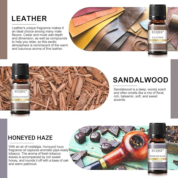 EUQEE 6PCS Fragrance Oils for Men, Men's Pubs Gift Set Premium Fragrance Oils -10ml-Leather, Honeyed Haze, Dragons Blood, Sandalwood, Bay Rum, Cedarwood (Men's Pubs)