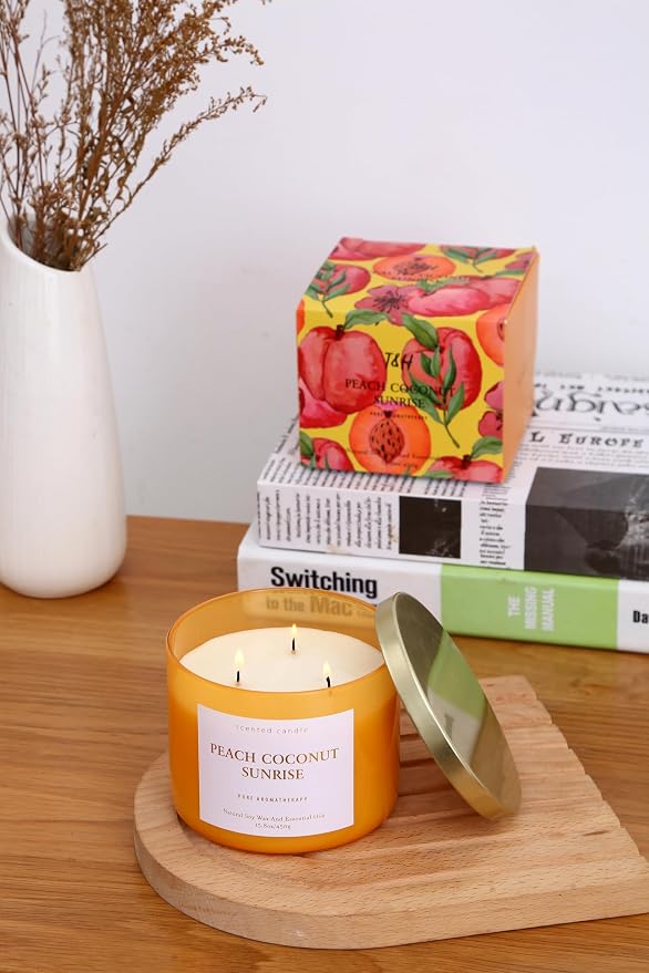 Peach Coconut Sunrise 3-Wick Soy Candle | 15.8 oz Large Aromatherapy Candle for Home | Clean Burn Long Lasting | Tropical Fruit Scent | Gift Ready