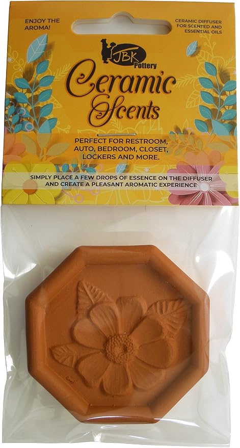 JBK Pottery Ceramic Clay Diffuser – Passive Aromatherapy Oil Diffuser for Essential Oils, Great Home Decor, Car & Office Desk, Patio Warmer, Travel Size Gift, Small Mini Terracotta (Daisy Flower)