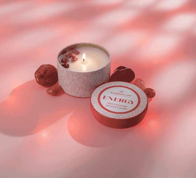 Luxury Candle Tin, 6 OZ, Energy - Red Carnelian Healing Crystal Infused - Scents of Lemon, Grapefruit, & Bergamot - Passion, Confidence, & Vitality - Coconut Wax, Essential Oil