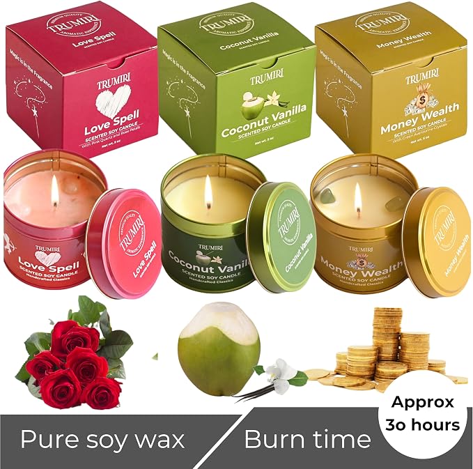 Love Spell, Money Wealth, Coconut Vanilla - Soy Candles Non Toxic - Highly Scented Long Lasting with Essential Oils - Variety Pack of 3 x 5oz - for Home Aromatherapy Meditation Gift Travel
