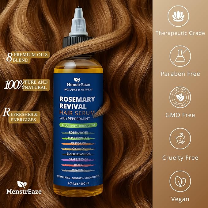 Rosemary, Peppermint & Castor Oil for Hair Growth & Scalp Refresh (6.7 fl oz), Infused with Biotin, Black Sesame, Grapeseed, Jojoba, & Vitamin E Oils for Itchy Scalp, Refreshing & Hydration