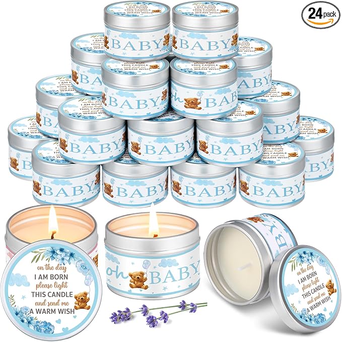 MTLEE 24 Pcs Bear Baby Shower Party Favors Candles Lavender Scented Baby Shower Favors for Guests Rustic Tealights Candles Gender Reveal Return Gifts (1.2 oz, Blue)