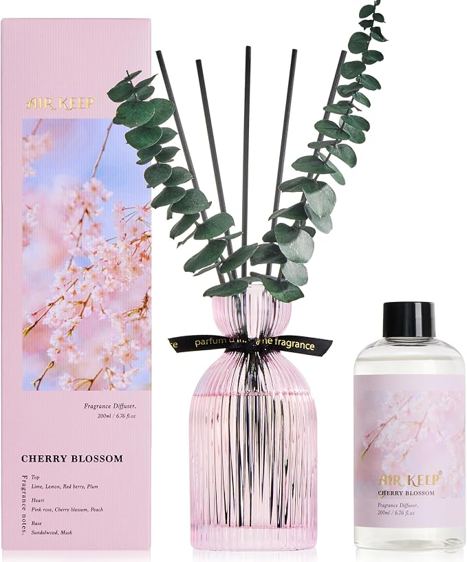 Airkeep Reed Diffuser Set 6.76 oz – Cherry Blossom Decorative Home Fragrance with Eucalyptus Sticks, Ribbed Glass Diffuser for Bathroom & Bedroom Décor, Gift Ready