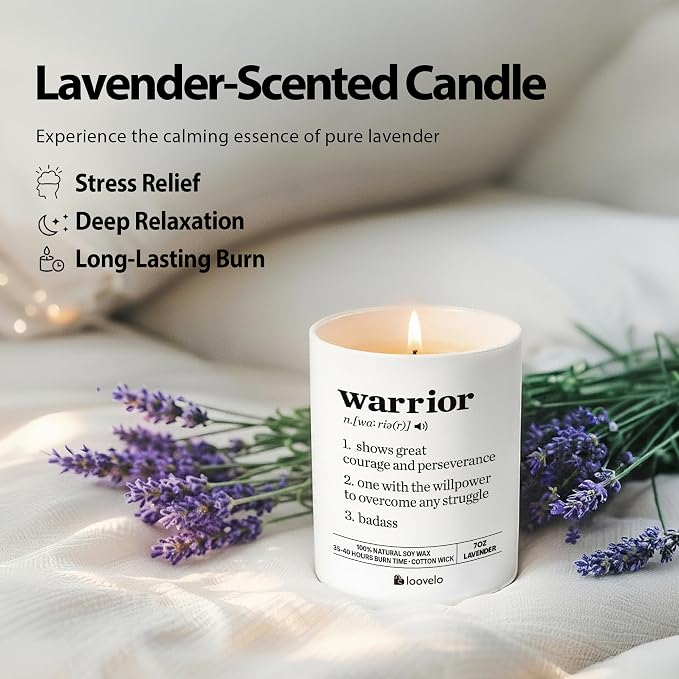 Warrior Definition Motivational Scented Candle for Home Office Inspirational Gifts Cancer Patient Survivor Sobriety Gifts Jar Candle (7 oz, Lavender)