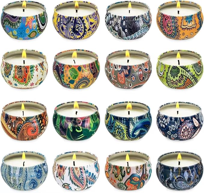 16 Scented Candles Gift,Natural Soy Wax Aromatherapy Candles,Small Portable Tin Candles Set for Mom,Women,Teachers, Colleagues and Friends,2.5 OZ.