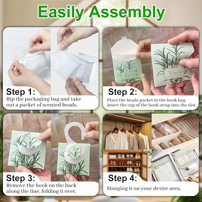 24 Pack Rosemary Sachets for Drawers and Closets, Natural Drawer Scented Sachets Deodorizers Closet Fresheners for Clothes with 10 Hanging Bags