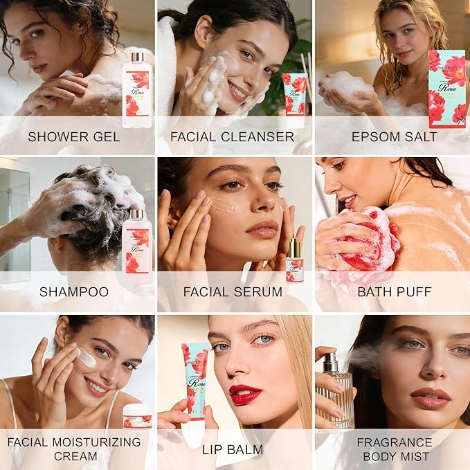 35 Pcs Spa Kit Gift for Women, Sandalwood Red Rose Bath and Body Basket Gift, Face Skin Care Kit, Home Spa Self Care, Lip Gloss, Birthday, Christmas, Mother, Bridal Shower, Anniversary