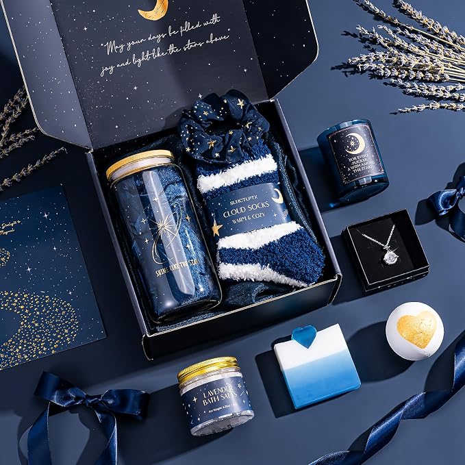 Suhctuptx Birthday Gifts for Women, Mothers Day Gifts for Mom, Starry Sky Spa Gift Basket with Universe Necklace, Self Care Gift Set for Her, Teacher Appreciation Gifts, Wife Sister Friend Boss Lady
