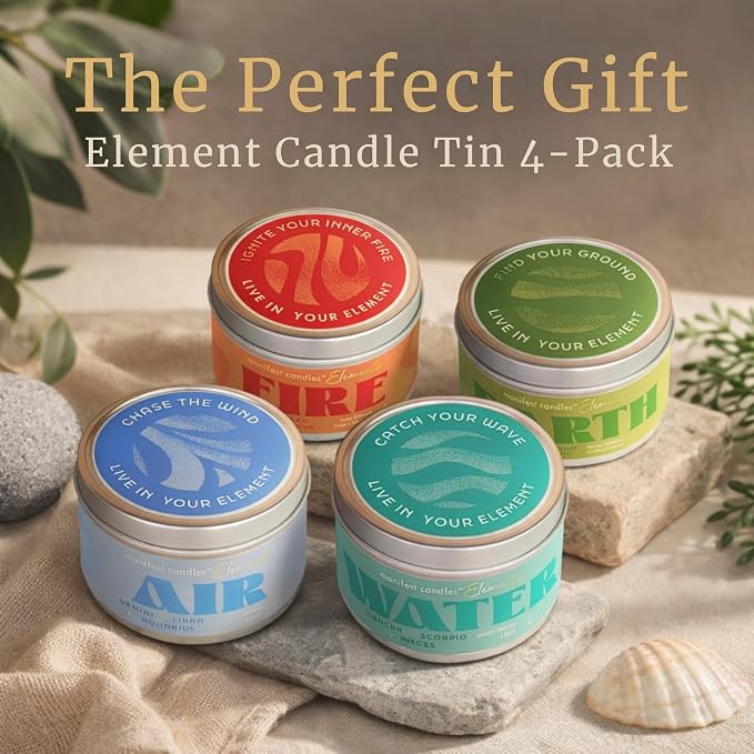 Zodiac Candles Gift Set 4 Pack – Astrology Candles for Women, Horoscope Candle Set with Fire Earth Air & Water Elements, Coconut Soy Wax, 7oz Tin Candle – Zodiac Gifts for Women, Astrology Gifts