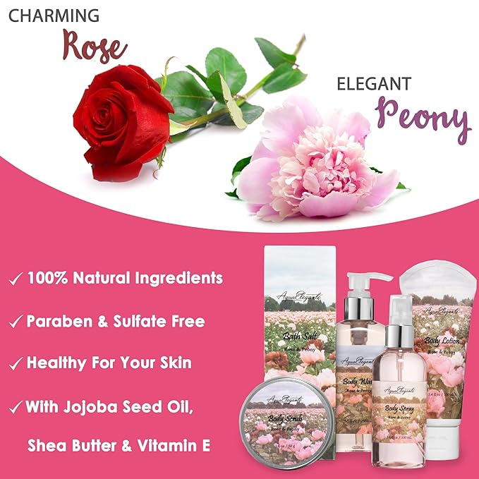 Aqua Elegante Spa Gift Basket - Luxury Bath Set with Body Wash, Bubble Bath, Lotion, Salts, Scrub, Spray, Shower Puff, Towel, Gifts for Women, Mom, Wife, Her - Rose Oil & Peony