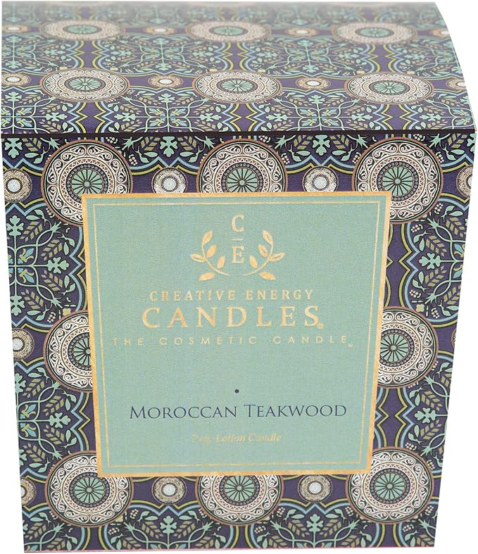 Lotion Candle - Moroccan Teakwood Scented Massage Candles for Self Care, 10 Oz. Soy Wax Candle with Essential Oil Blends, Coconut Oil, and Vitamin E, 55 Hour Burn Time