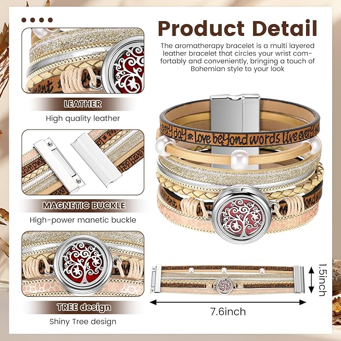 Tondiamo Essential Oil Diffuser Bracelet Christmas Jewelry for Women Aromatherapy Locket Leather Diffuser Bracelet with 12 Pcs Refill Pads for Women