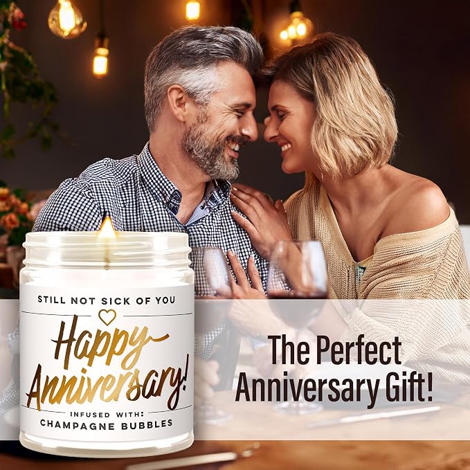 WAX & WIT Happy Anniversary Candle Gifts for Women - Smells Like Champagne Bubbles - Unique Wedding Happy for Couple, Her, Wife, Girlfriend, Friends - 9oz, 50 Hour Burn, Soy Wax