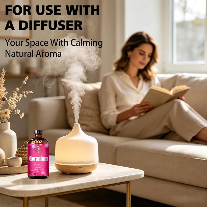 Geranium Essential Oil, Geranium Oil 4 Fl Oz 120ml for Diffuser Yoga Soap & Candle Making – with 0.33 Oz Roller Ball & Dropper YHSESSE Essential Oils