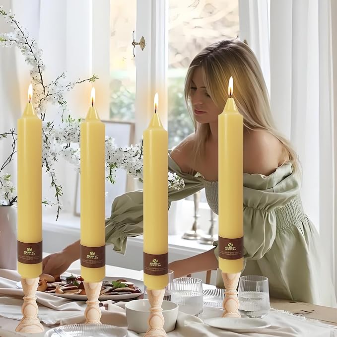 Beeswax Taper Candles 9 inch - 4 Pack Fat Candle Taper Candles Dripless, Smokeless, Unscented Tall Candlesticks - Perfect for Home Decor, Weddings, and Special Occasions