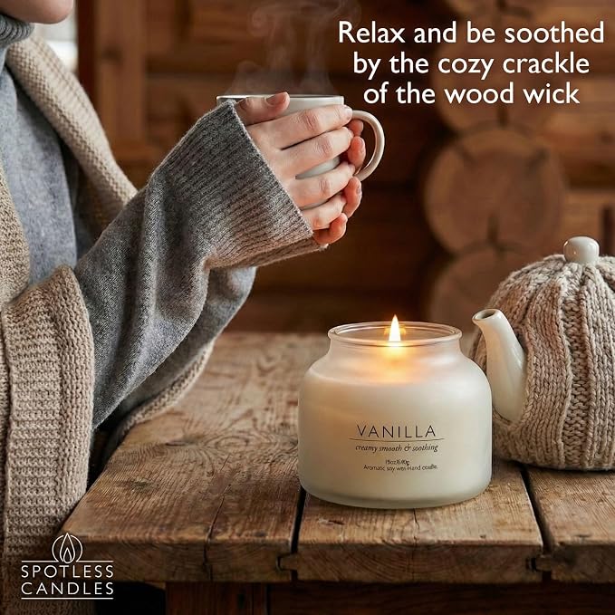 Vanilla Volcano Candle 19oz: 80-Hour Burn, Creamy Smooth Vanilla Scent, Hybrid Soy Wax, Crackling Wood Wick, Cream Matte Glass Jar, Gold Foil Gift Box by Spotless Candles