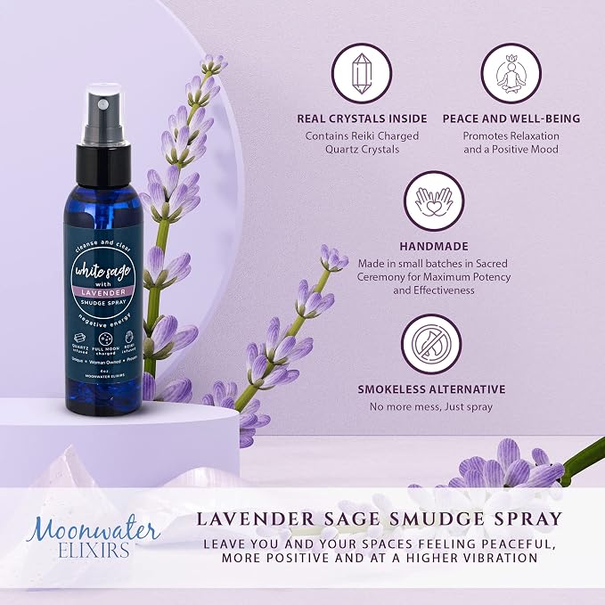 White Sage Smudge Spray for Spiritual Cleansing & Aura Protection, Sage & Lavender Smudging - Cleansing Negative Energy & Protection, Clear Quartz Reiki Energized Aromatherapy Room Mist 2X 8oz