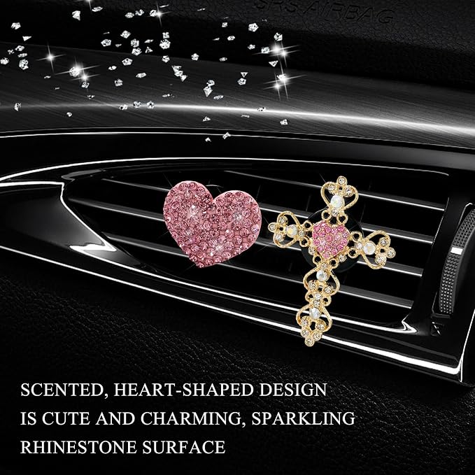 2 PCS Bling Car Vent Clip, Crystal Rhinestone Cross and Heart Car Air Fresheners Vent Clips, Diamond Car Air Conditioner Outlet Decoration Charm for Women, Car Accessories (Pink)