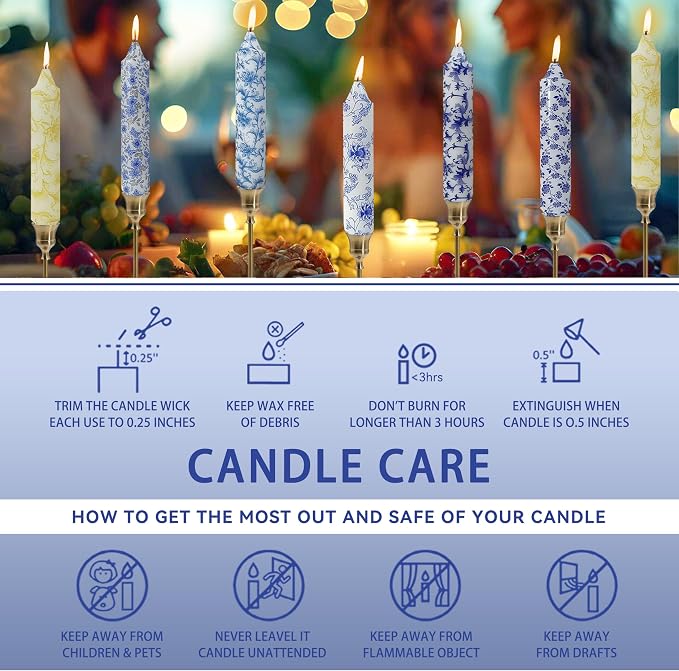Short Blue and White Taper Candles 7 Inch Handmade Floral Candle Sticks Smokeless Unscented Clean Burning Candles for Meditation Sailing Housewarming Gift Wedding Birthday Home Dinner