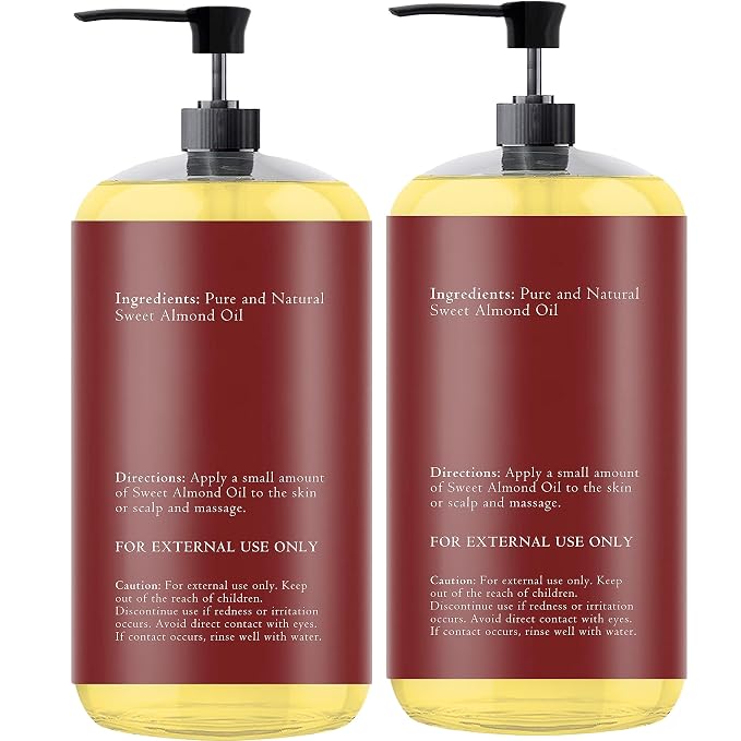 Essentially KateS Sweet Almond Oil 33.8 Fl Oz - Pack of 2 x 16.9 Fl Oz - 100% Pure and Natural - Conditioning, Moisturizing & Nourishing - No Greasy Feel - A Natural Vit. E source