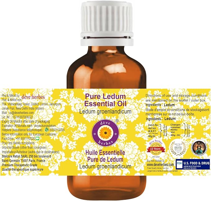 dève herbes Ledum Essential Oil (Ledum groenlandicum) Pure | Non-Sticky | Non-Greasy | Lightweight | Men & Women | All Skin Types | Steam Distilled 2ml (0.06 oz)