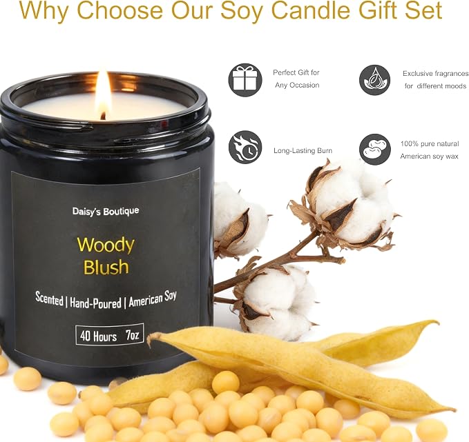 Scented Candles for Home Aromatherapy Candle Gift Present Set Soy Wax Long Lasting Gift Birthday Mother's Day Thanksgiving 3 Pack ((Sandalwood + Woody Blush + BlackCedarJuniper) Black Glass Jar)