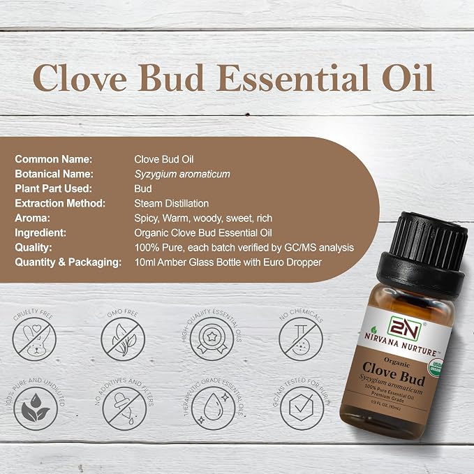 Clove Bud Essential Oil, USDA Certified Organic, 100% Pure Undiluted, Aromatherapy Oil for Diffuser, Hair & Skin Care