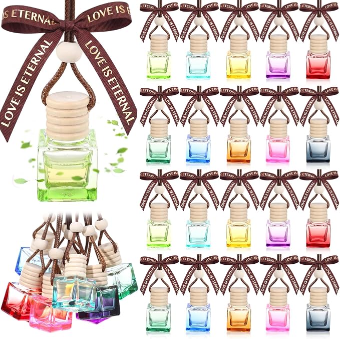 Mudder 50 Pcs Gradient Hanging Car Air Freshener Car Diffuser Bottle Pendant Empty Glass Perfume Bottle for Essential Oil Fragrance Aromatherapy Ornament Wedding Employee Gifts(Cube,Colorful)