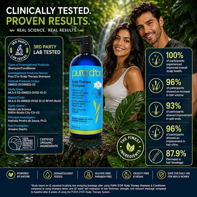 PURA D'OR Scalp Therapy Shampoo Hydrates & Nourishes Scalp - Scalp Shampoo For Itchy Flaky Scalp w/Tea Tree, Peppermint, Patchouli, Cedarwood, Clary Sage, Argan Oil, Tea Tree Peppermint Scent 16 Oz