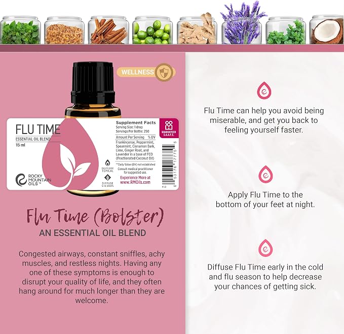 Rocky Mountain Oils Flu Time Essential Oil Blend with Essential Oils - Aromatherapy Oils for Topical Use - Therapeutic Grade Essential Oils - 15ml