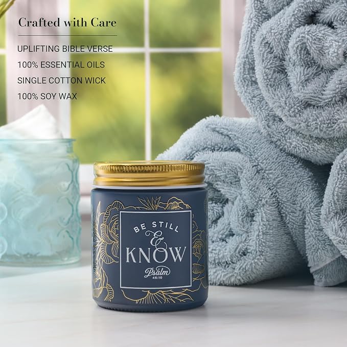 Christian Art Gifts Soy Wax Scented Candle: Be Still & Know Bible Verse, Nordic Seaside Scent, Pure Essential Oils, 4.5oz, Up to 20 Hours Burn Time, Glass Jar w/Metal Lid, Encouragement Gift for Women
