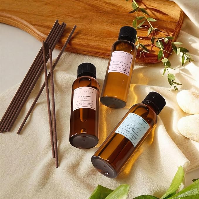 COCORRÍNA Reed Diffuser Refill Set, 10.2oz Scented Oil Refill 3 Pack, Sandalwood Rose, Cherry Blossom, Wild Mint & Eucalyptus, Long Lasting Oil Diffuser Refill with18 Sticks for Bathroom & Bedroom