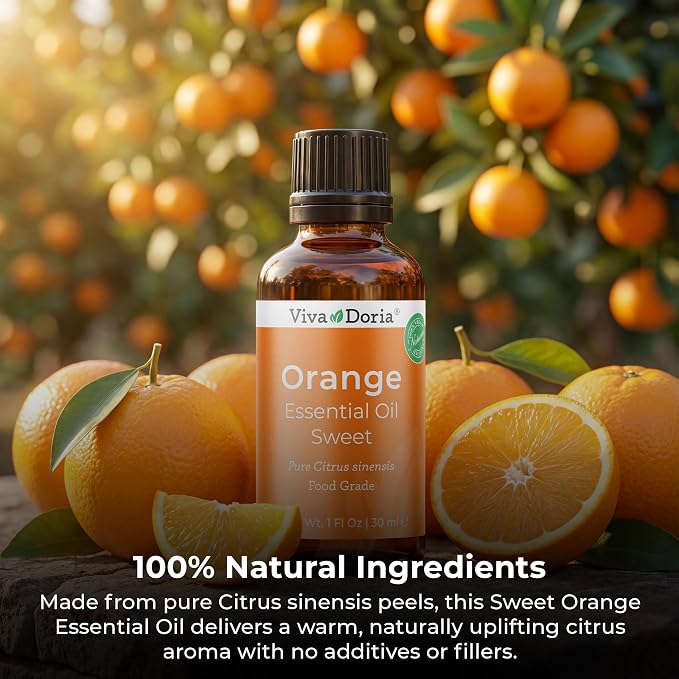 Viva Doria 100% Pure Sweet Orange Essential Oil, Undiluted, Food Grade, USA Orange Oil, 30 mL (1 Fl Oz)