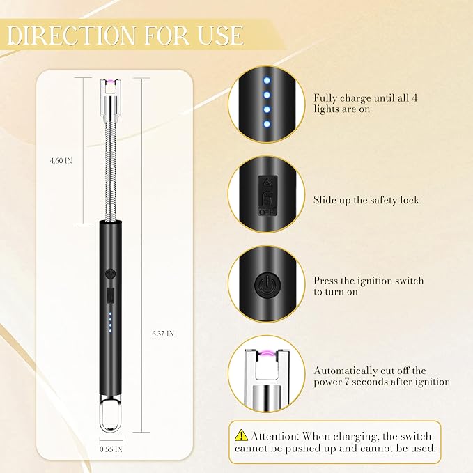 Electric Lighter, Candle Lighter Flameless Windproof with 360° Flexible Neck & LED Power Display, Type C Arc Rechargeable Lighters for BBQ, Camping, Cooking, Gift for Christmas, Thanksgiving, Birthday