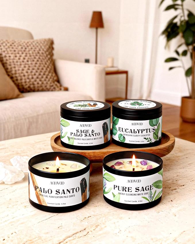 AOOVOO 4 Pack Sage Candles - Sage, Palo Santo, Sage & Palo Santo, Eucalyptus Mint Candle Set with Crystals & Decor, 26oz 200 Hours Long Lasting, Non Toxic Candles for Spiritual House Energy Cleansing