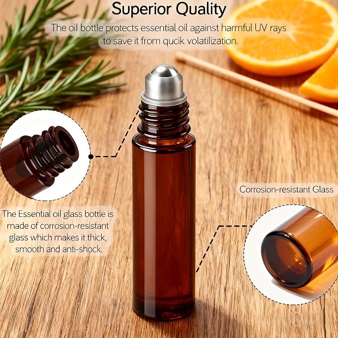 PrettyCare Set of 120, Bulk 10 ml Essential Oil Roller Bottles with Stainless Steel Roller Ball - Refillable Leak-proof Empty Thick Amber Glass Roll on Bottles with Golden Caps for Travel, Perfume