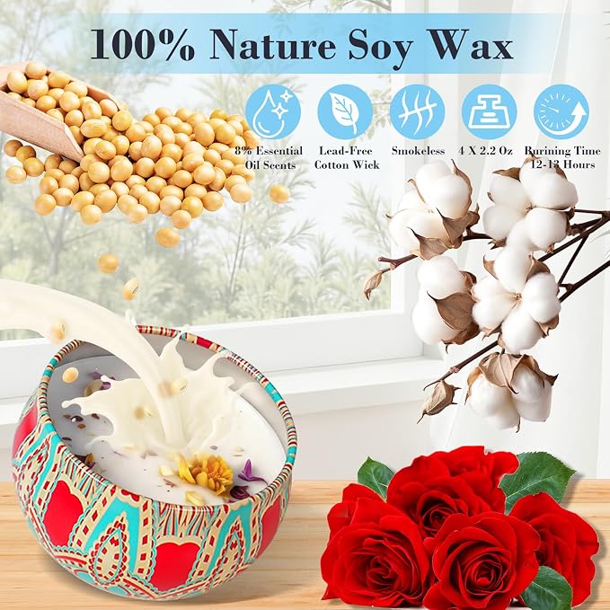 4 Pack Scented Candles for Women Gift- 8% Essential Oil Aromatherapy Candle Set, 50H Long Lasting Natural Soy Wax Candles, Travel Tin Gift Box for Stress Relief Spa Yoga Birthday Housewarming