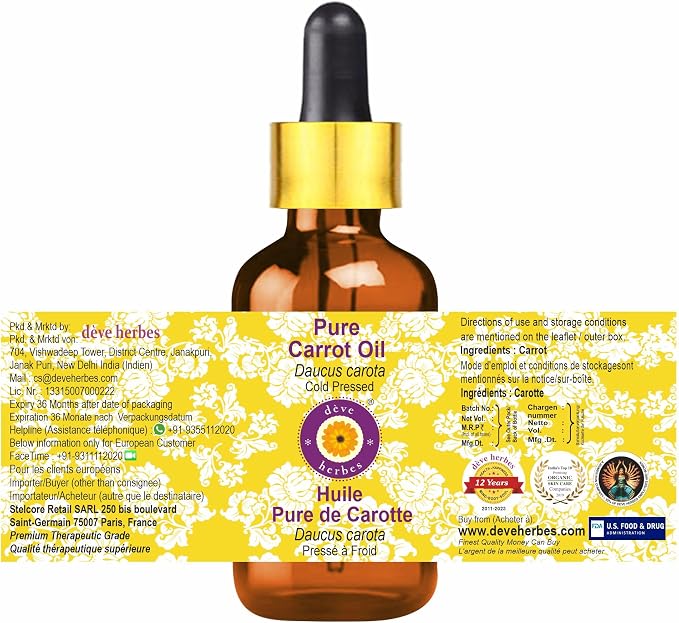 Deve Herbes Carrot Oil (Daucus carota) with Glass Dropper | Cold Pressed | Pure | Natural | for Diluting Essential Oils | for Skin & Massage | Non-Sticky | Lightweight | Unisex | 15ml (0.50 oz)