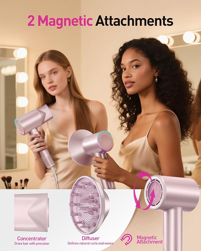 High-Speed Hair Dryer, 160,000 RPM Brushless Motor for Ultra-Fast Drying, 500M Ionic Negative for Frizz Reduce, Low Noise Thermo-Control Blow Dryer with Diffuser for Curly Hair Women and Men,Rose Gold
