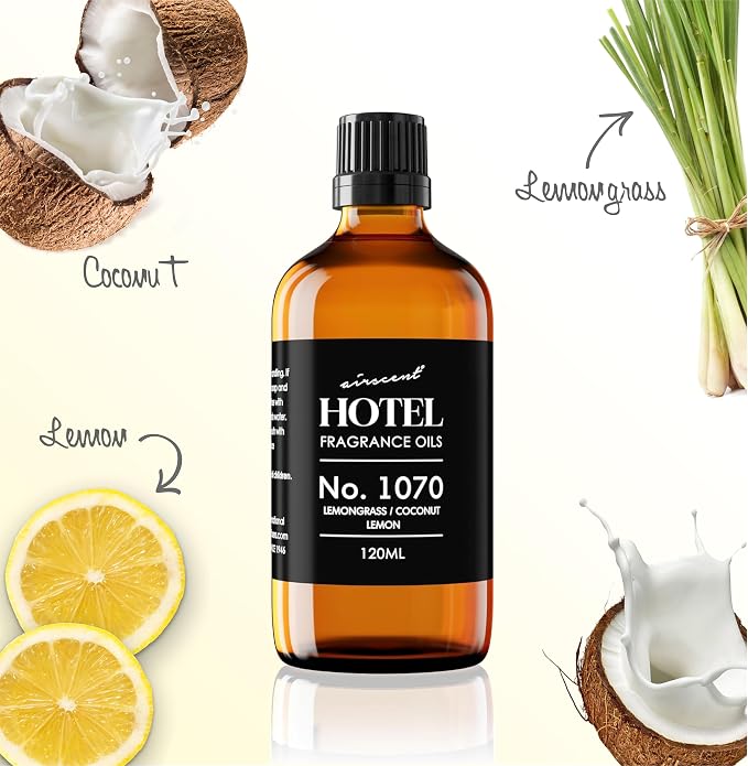 AirScent Hotel Diffuser Oil No. 1070 - Lemongrass Coconut Lemon - Premium Fragrance Oil for Ultrasonic and Waterless Diffusers and Crafting - 120 mL, 4 fl oz Glass Dropper Bottle