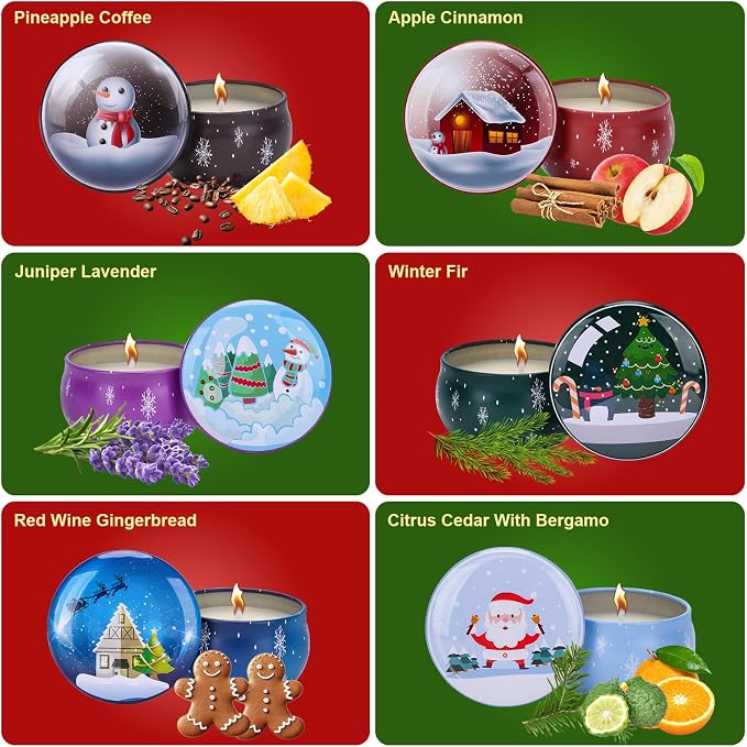 Christmas Candles Gift Set for Women, 3.5 oz Soy Scented Candles for Home Aromatherapy, 6 Pack