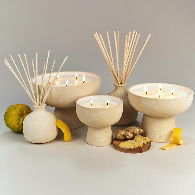 Blueme Happiness Candle Refill | Yuzu & Ginger | 2 Wick - Contains Essential Oil, Sustainable, Hand Finished, Hand Poured, Luxury Refill, Natural Cotton Wick, Soy-Wax Blend | Medium 12 oz