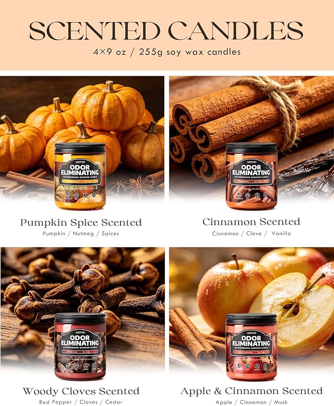 AOOVOO 4 Pack Odor Eliminating Fall Candle Set - Eliminates 95% of Pet, Smoke, Food, and Other Smells Quickly, Air Freshing Soy Candle, Pumpkin Spice/Apple Cinnamon/Spiced Clove/Cinnamon
