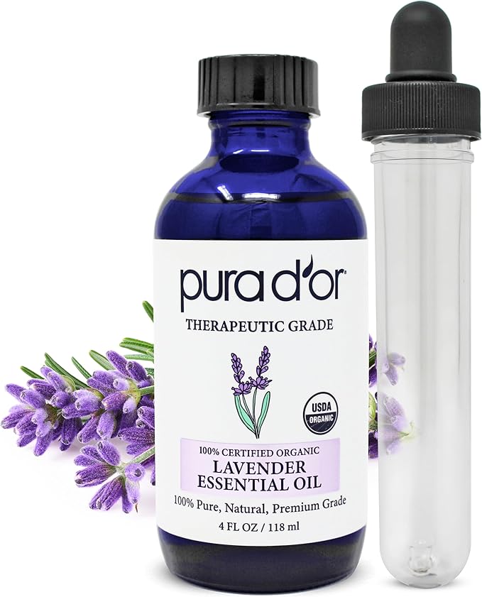 PURA D'OR Organic Lavender Essential Oil (4oz with Glass Dropper) 100% Pure & Natural Therapeutic Grade for Hair, Body, Skin, Aromatherapy Diffuser, Relaxation, Meditation, Massage, Home, DIY Soap