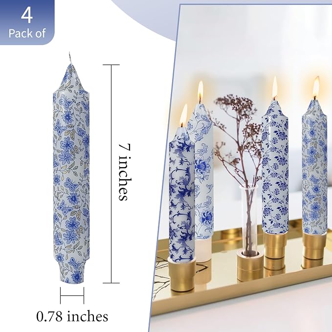 Blue and White Taper Candles 7 Inch Short Chinoiserie Candle Handmade Unscented Smokeless Tapered Candles for Meditation Sailing Living Room Mantel Cozy Hygge Ambiance Everyday Home Decor